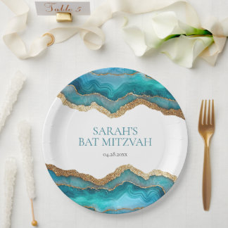 Plato De Papel Oro Azul Ágata Bar o Bat Mitzvah