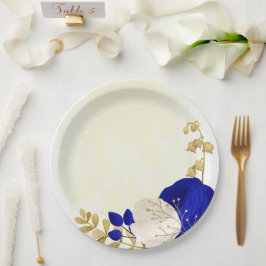 Plato De Papel oro azul real y flores blancas