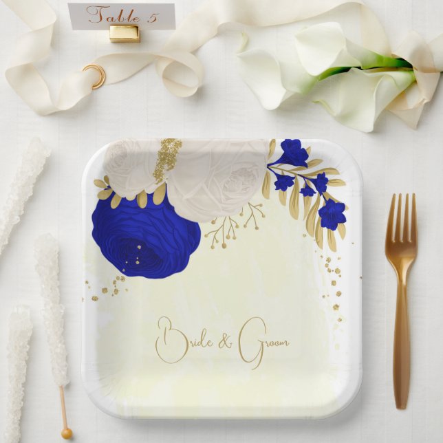 Plato De Papel oro azul real y flores blancas (Boda)