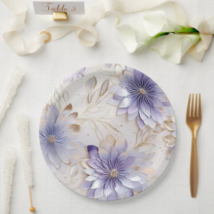 Plato De Papel Oro bastante glamuroso con perlas púrpura y flores