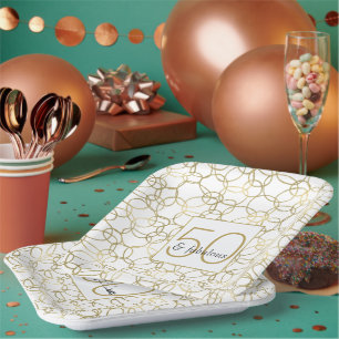 Plato De Papel Oro Blanco Glam Elegantes Círculos 50 y Fabulosos