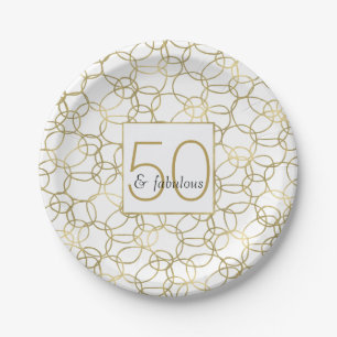Plato De Papel Oro Blanco Glam Estiloso Círculos 50 y Fabuloso