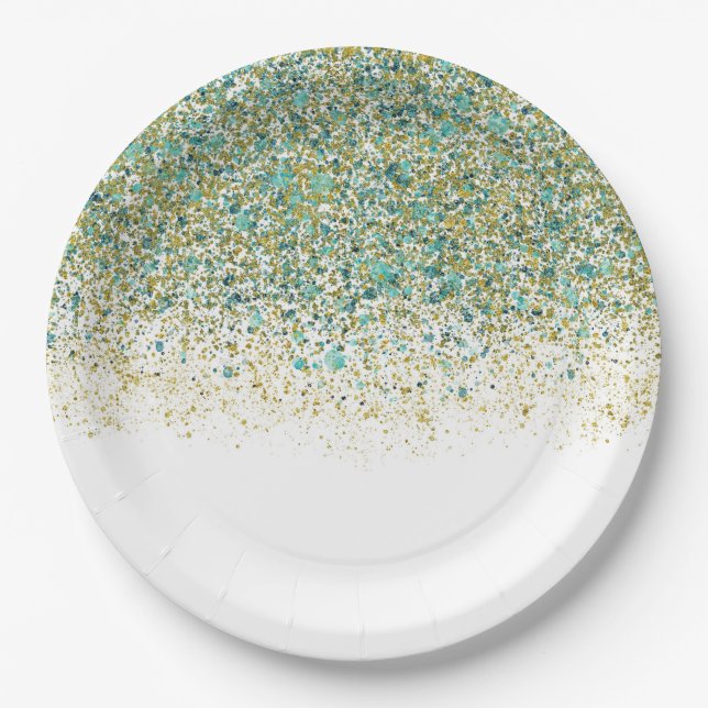 Plato De Papel Oro Blanco y Brillo Azul Turquesa Glam Costero Mod (Anverso)