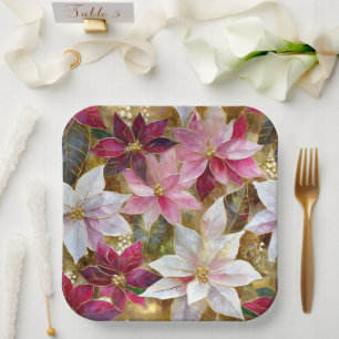 Plato De Papel Oro Borgoña Bronce Pink Red Poinsettia