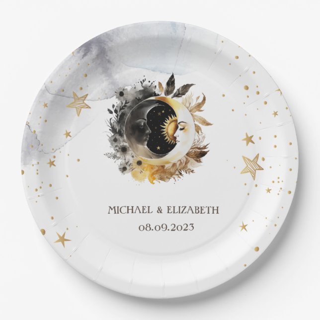 Plato De Papel Oro Celestial Sol, Luna, Flores de Estrellas (Anverso)