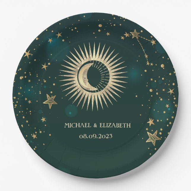 Plato De Papel Oro Celestial Sol Y Luna Estrellas Verde (Anverso)
