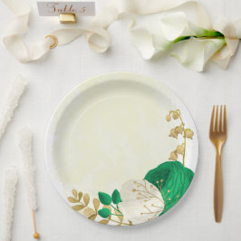 Plato De Papel Oro de flores verdes y blancas románticas