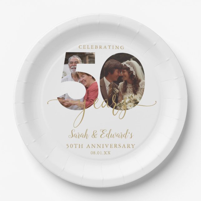 Plato De Papel Oro del 50° Aniversario del Boda 2 Foto (Anverso)
