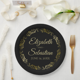 Plato De Papel Oro en negro elegante Boda de filigrí floral
