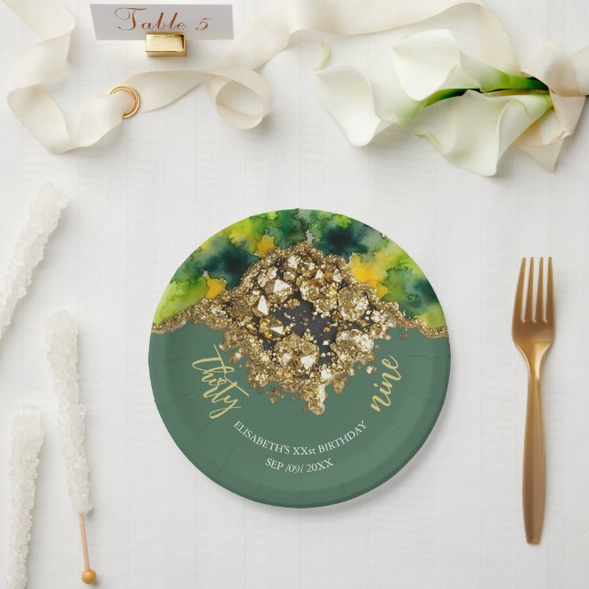 Plato De Papel Oro Falso Verde (Boda)