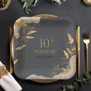 Plato De Papel Oro Floral 10º Aniversario ID1169