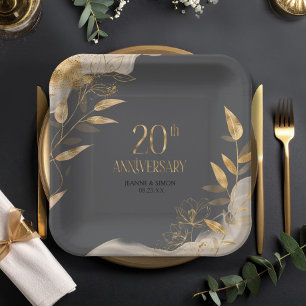 Plato De Papel Oro Floral 20º Aniversario ID1169
