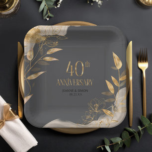 Plato De Papel Oro Floral 40 Aniversario ID1169