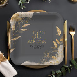 Plato De Papel Oro Floral 50 Aniversario ID1169