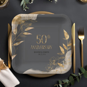 Plato De Papel Oro Floral 50 Aniversario ID1169