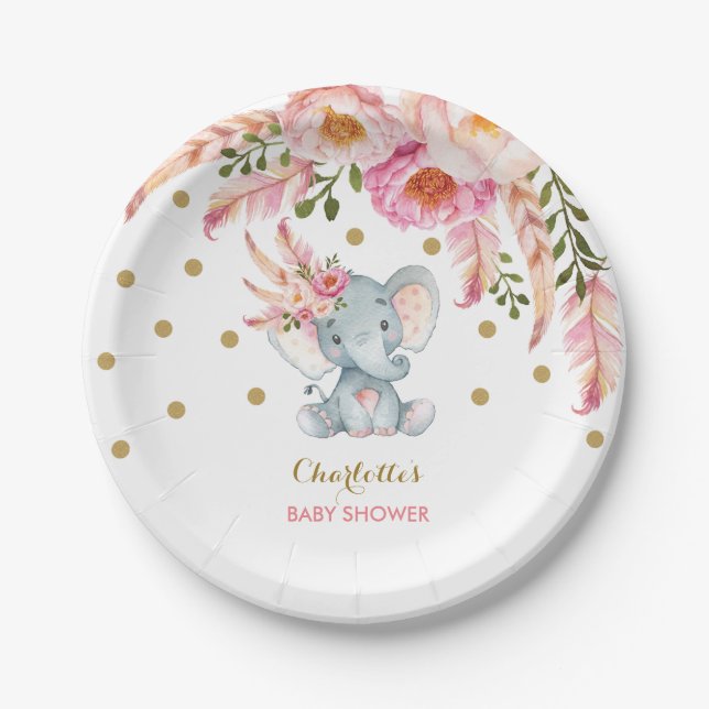 Plato De Papel Oro floral elegante 7" del rosa del elefante del (Anverso)