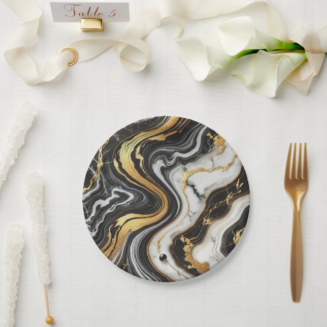 Plato De Papel Oro Líquido Mármol Negro Blanco Glam Nupcial  (Boda)