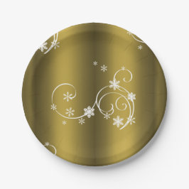 Plato De Papel Oro metálico, Navidades de Swirls Blancos