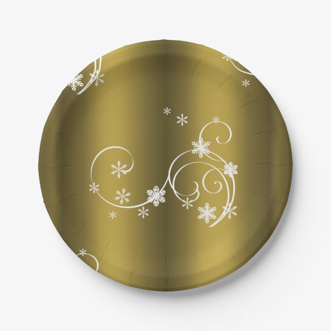 Plato De Papel Oro metálico, Navidades de Swirls Blancos (Anverso)