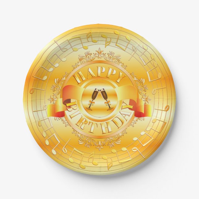 Plato De Papel Oro Musical Embellecido Atractivo Feliz Cumpleaños (Anverso)