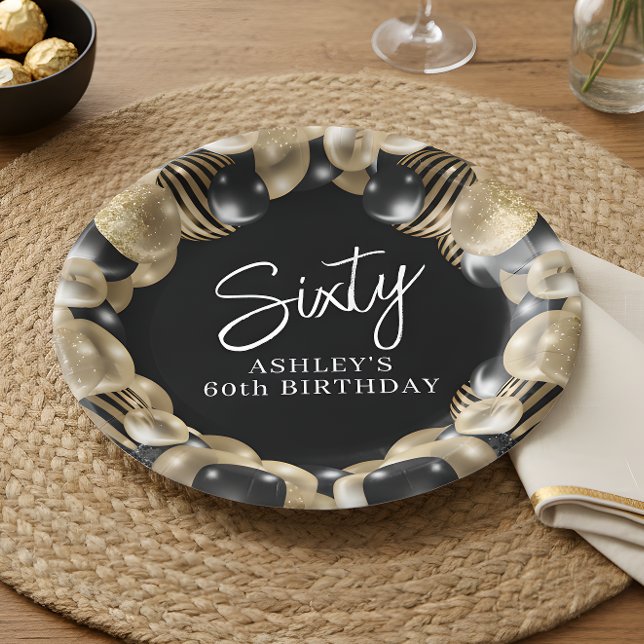 Plato De Papel Oro Negro Cumpleaños 60 (Subido por el creador)