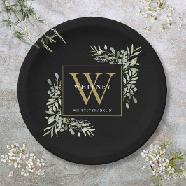 Plato De Papel Oro Negro Monograma Elegante Modernidad Verde