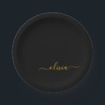 Plato De Papel Oro Negro Nombre Monograma Script Letra Moderna<br><div class="desc">Oro y Negro Monograma Agrega Tu Propio Nombre Platos de Fiesta con Letra. Esto hace el regalo perfecto de cumpleaños número 16,  boda,  despedida de soltera,  aniversario,  baby shower o fiesta de soltera para alguien que ama el lujo glamoroso y los estilos chic.</div>