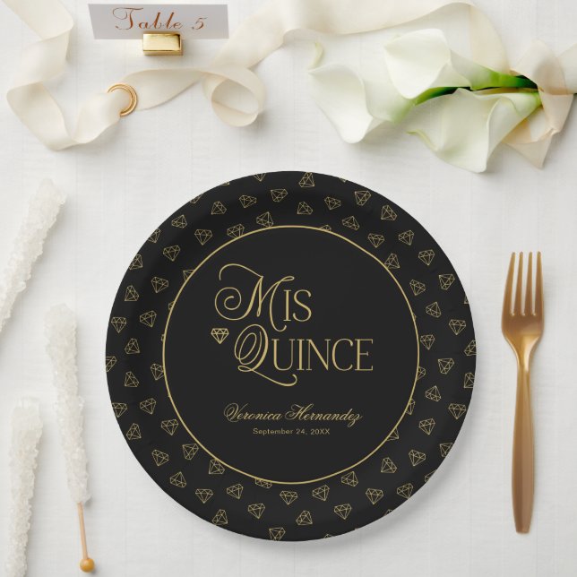 Plato De Papel Oro Negro Personalizado Mi Quince Quinceanera (Boda)