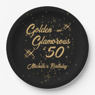 Plato De Papel Oro Negro Retro Glamuroso Cumpleaños 50
