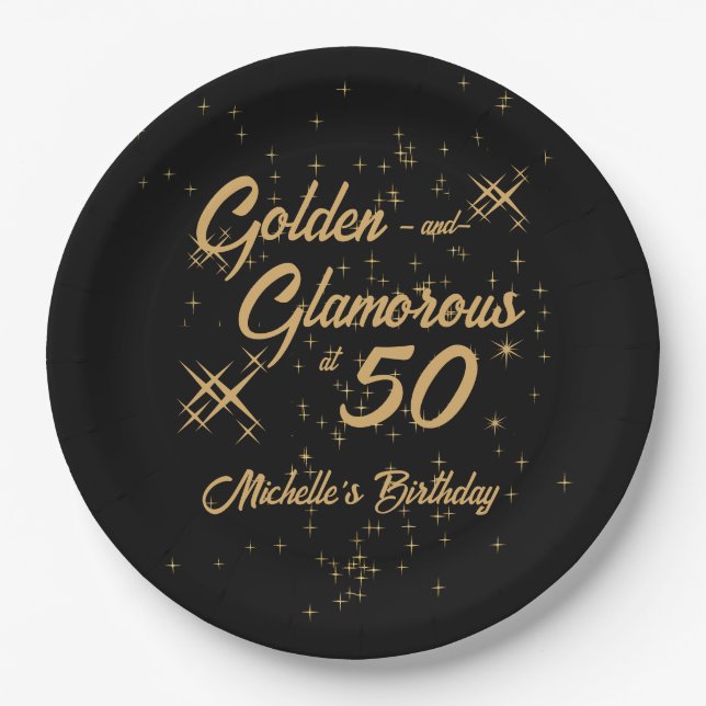 Plato De Papel Oro Negro Retro Glamuroso Cumpleaños 50 (Anverso)