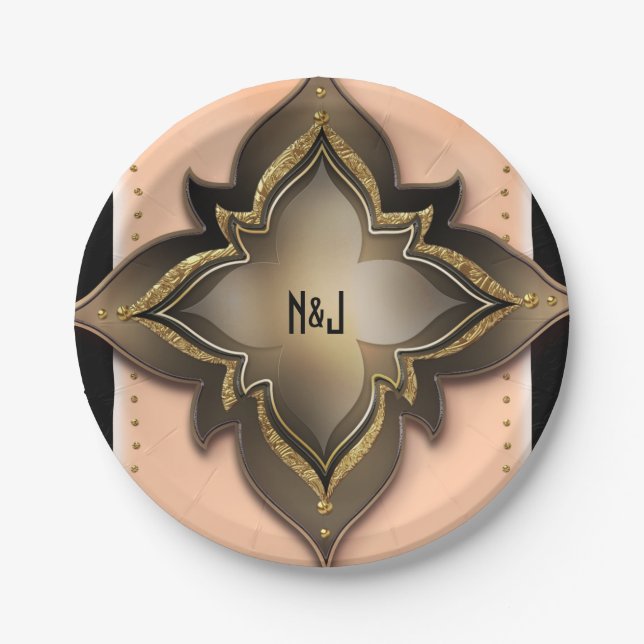 Plato De Papel Oro Negro y Melocotón Exótico Chic Flor Fiesta Per (Anverso)