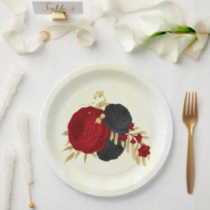 Plato De Papel oro rojo oscuro y flores negras