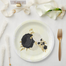 Plato De Papel Oro romántico de flores negras y blancas