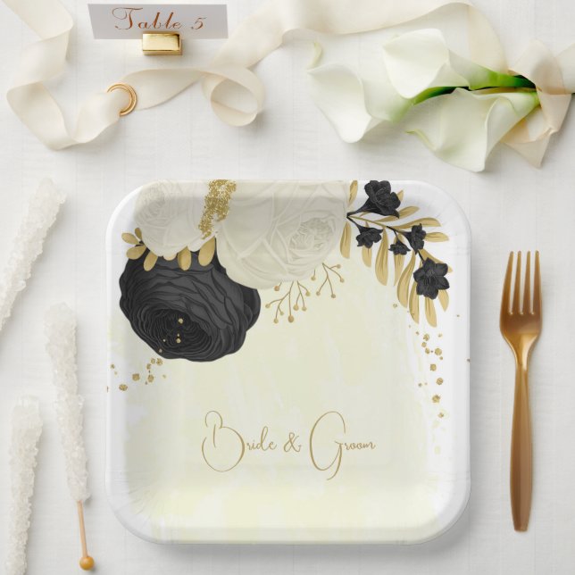Plato De Papel Oro romántico de flores negras y blancas (Boda)
