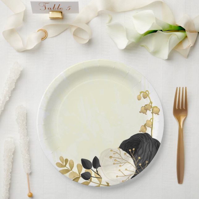 Plato De Papel Oro romántico de flores negras y blancas (Boda)