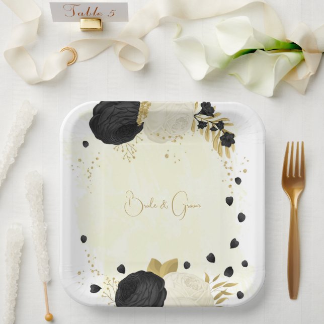 Plato De Papel Oro romántico de flores negras y blancas (Boda)