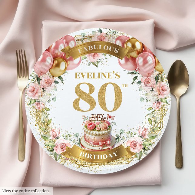 Plato De Papel Oro Rosa 80.ª plancha de cumpleaños (Rose Gold 80th Birthday Plates)