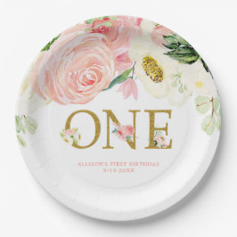 Plato De Papel Oro rosa blanco primer primer cumpleaños lindo flo