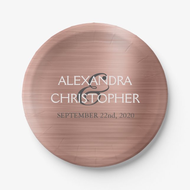 Plato De Papel Oro Rosa - Boda moderno de Relieve metalizado rosa (Anverso)