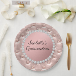 Plato De Papel Oro rosa de las Perlas Blancas Quinceañera Foto