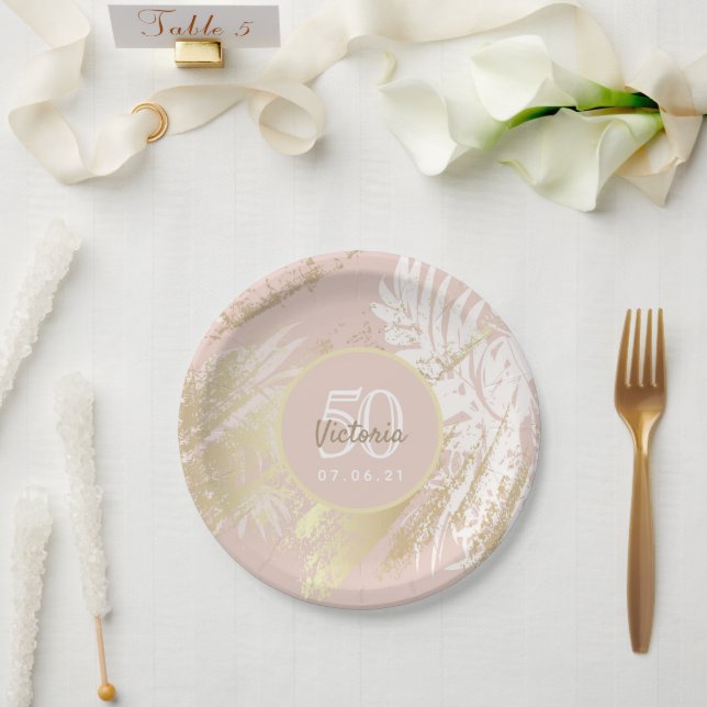Plato De Papel oro Rosa hojas de palmera tropicales de 50 años (Boda)
