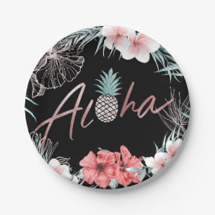 Plato De Papel Oro Rosa Piña Tropical Botánica Aloha Luau