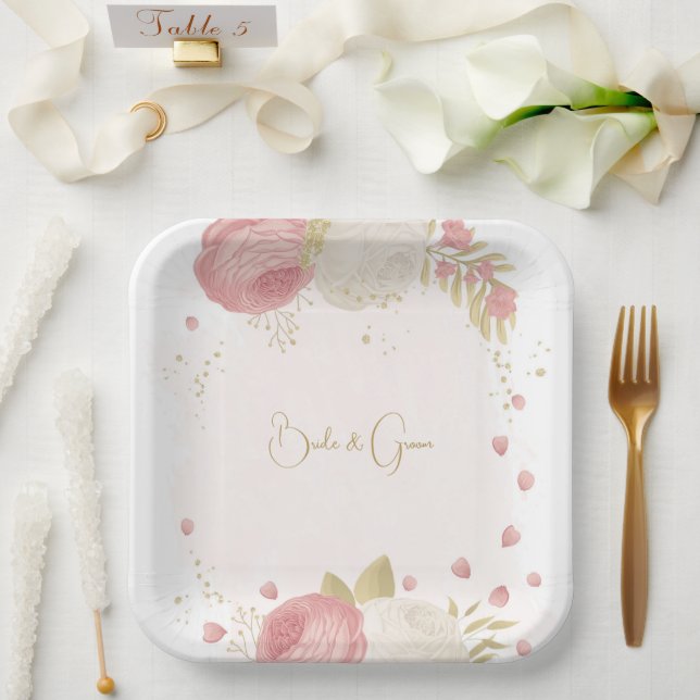 Plato De Papel Oro rosa y blanco romántico (Boda)