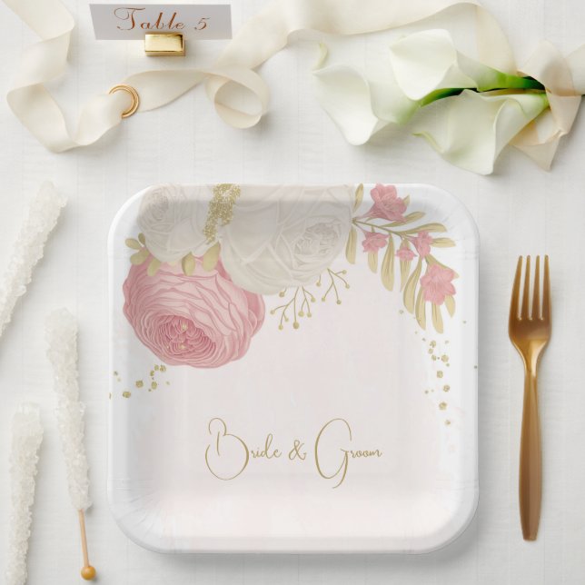 Plato De Papel Oro rosa y blanco romántico (Boda)