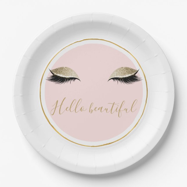 Plato De Papel Oro rosado Glitzy Eyelashes Negros (Anverso)