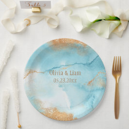 Plato De Papel Oro Turquesa Abstracto Nombre Boda moderno