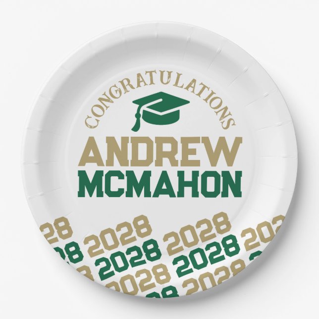 Plato De Papel Oro Verde Blanco Mitad Repetir Personalizado (Anverso)