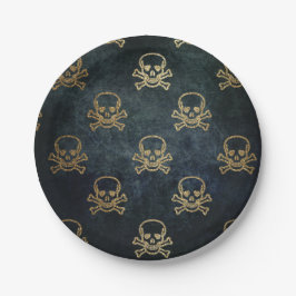 Plato De Papel Oro Vintage Y Cránulos Piratas Negros Y Huesos