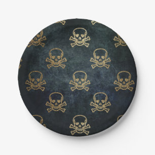 Plato De Papel Oro Vintage Y Cránulos Piratas Negros Y Huesos