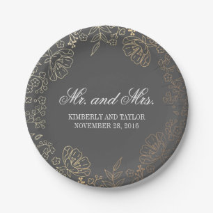 Plato De Papel Oro y boda floral gris del vintage de la guirnalda
